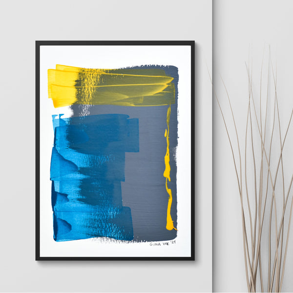 Abstract artwork in shades of grey, yellow, and blue by Gina Vor.
