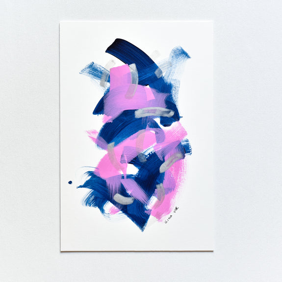 Bold and expressive abstract artwork by Gina Vor. A dynamic interplay of blues and pinks creates a statement piece. Available to buy