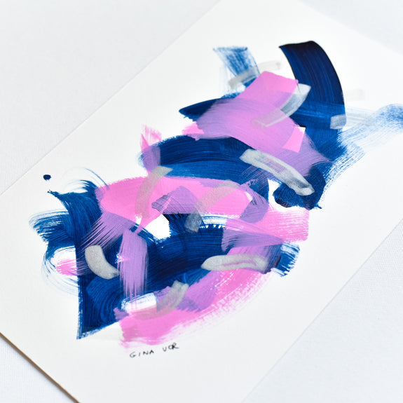 Gina Vor's mesmerizing abstract exploration in blues and pinks. Textured layers and harmonious tones evoke a sense of tranquility. For sale online.