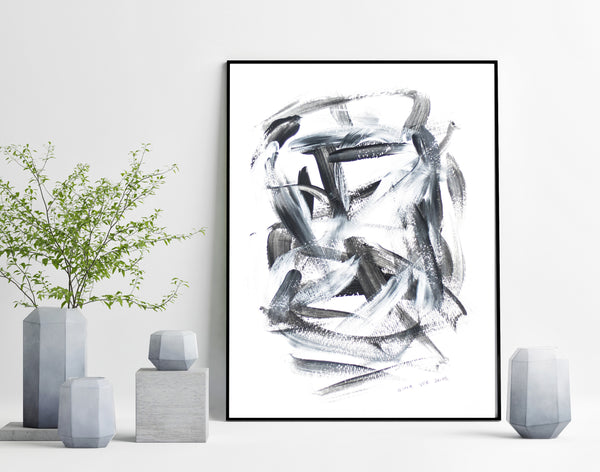 Art on paper - original back and white abstract painting for sale