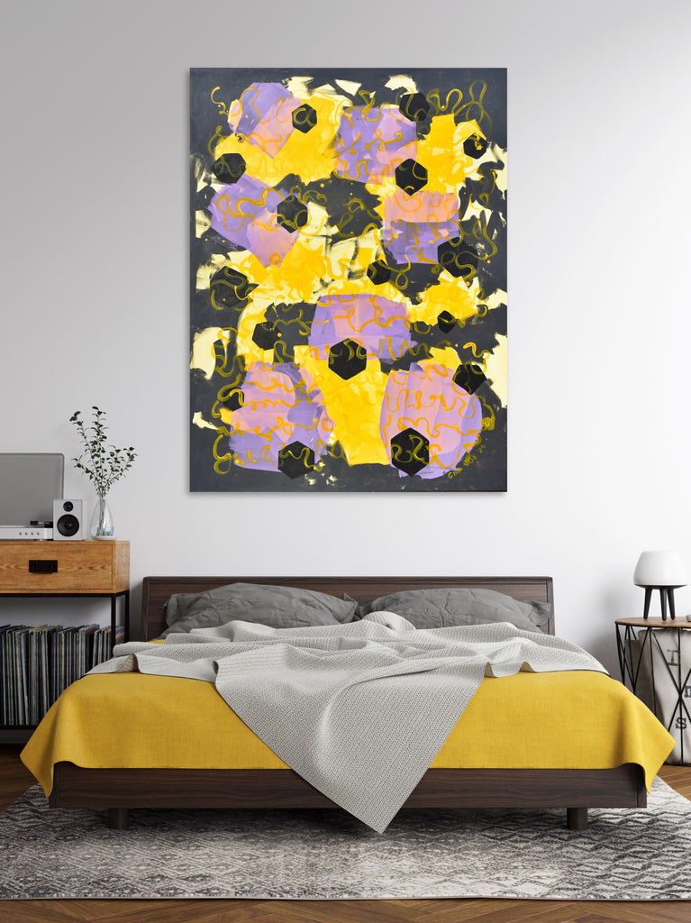 Dynamic abstract composition of geometric and fluid shapes: An expressive painting combining sharp black hexagons with flowing golden lines, layered over vibrant yellow and lavender forms, evoking energy and whimsy.