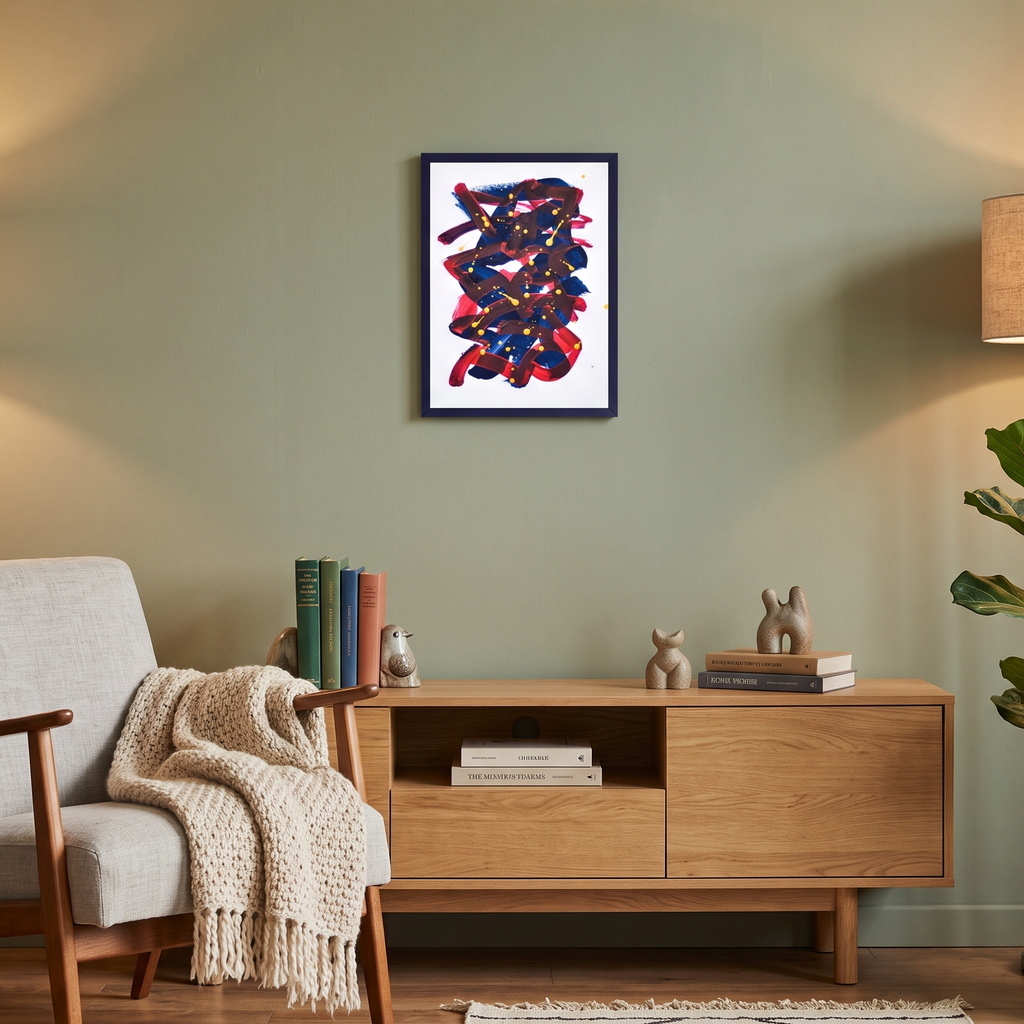 A framed abstract art with red, navy, and blue brushstrokes on a white background, hanging on a sage green wall in a styled living room with a wooden console, armchair, and plant.