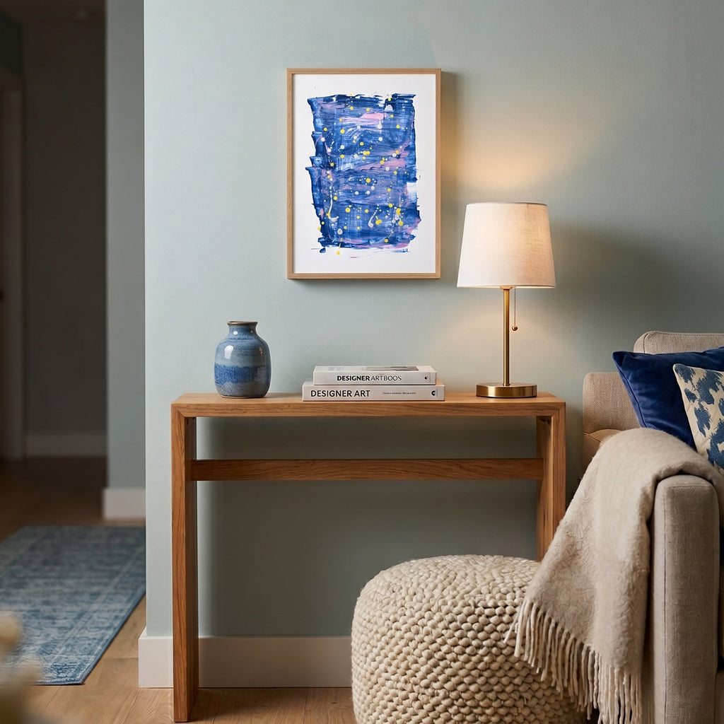 A framed abstract blue and purple art hangs on a light blue-gray wall above a wooden console table in a styled living room setting with a lamp, vase, and sofa.