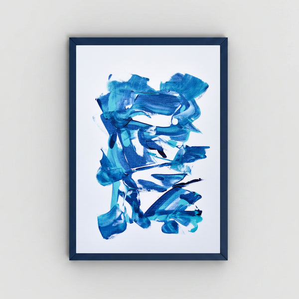 A framed abstract art featuring expressive blue watercolor brushstrokes on a white background, enclosed in a dark navy blue frame and mounted on a light gray wall.
