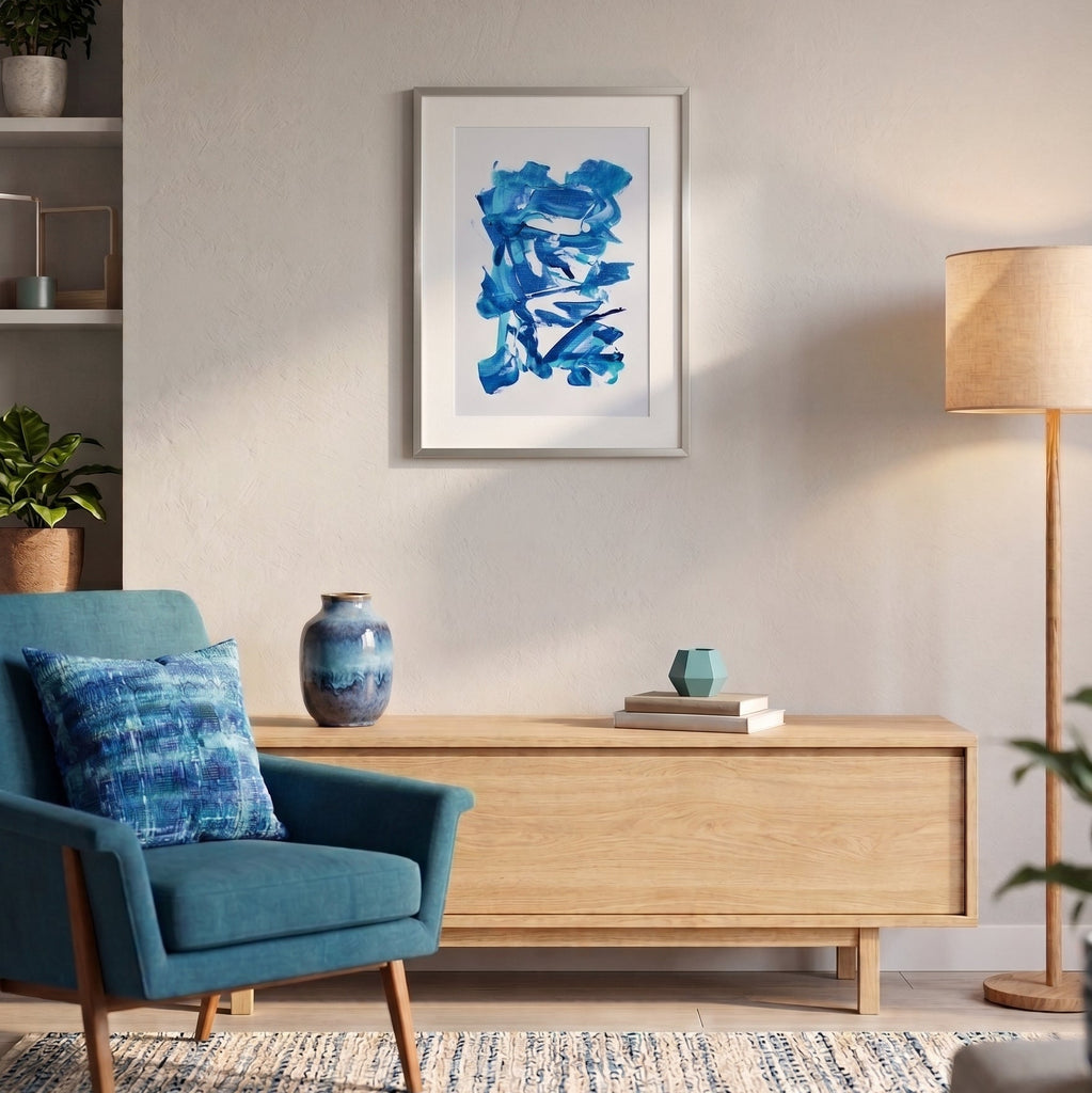 A framed abstract art with blue brushstrokes on a white background, displayed on a beige wall in a modern living room setting with a teal armchair, wooden console table, and floor lamp.