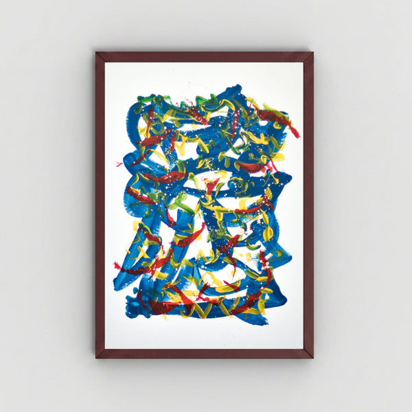 A framed abstract art featuring expressive, layered brushstrokes in blue, yellow, and red on a white background, enclosed in a dark brown wooden frame and mounted on a light gray wall.