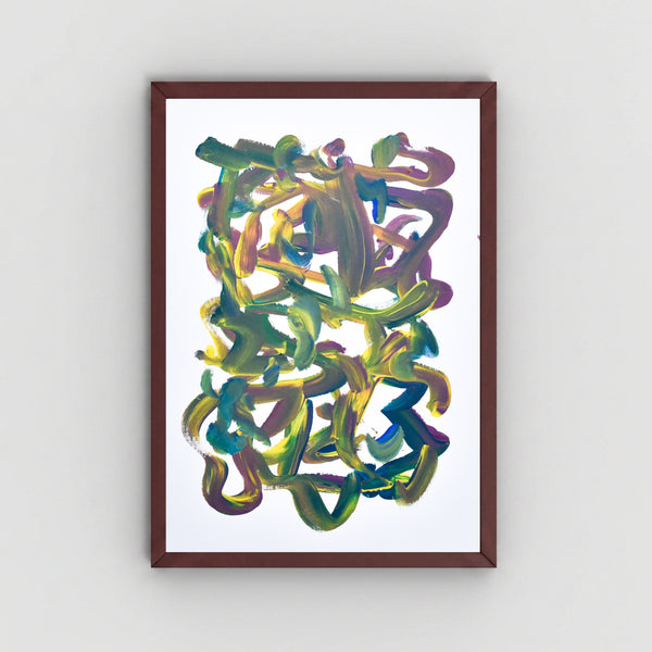 Framed abstract art featuring layered, textured brushstrokes in green, yellow, purple, and blue on a white background, enclosed in a dark brown wooden frame against a light gray wall.