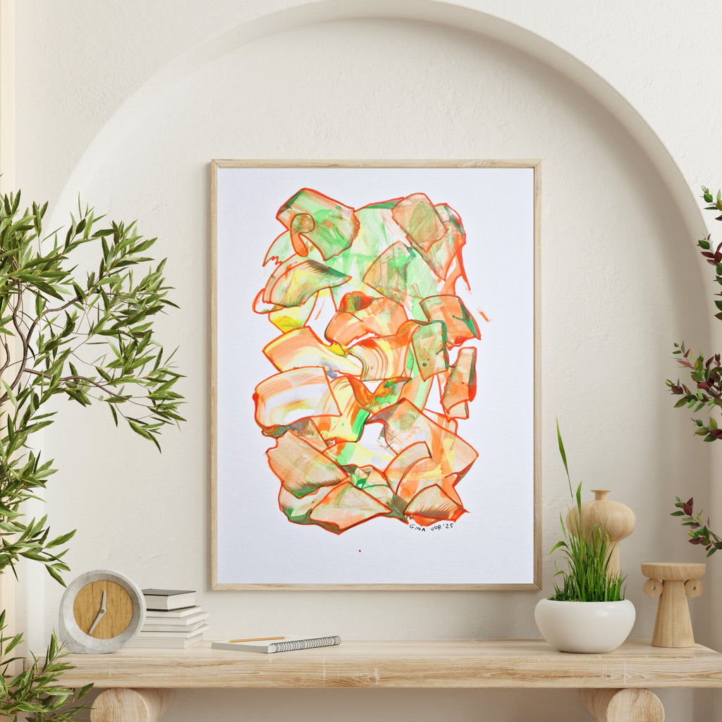 Abstract art for sale, perfect for room with plants and decor items.