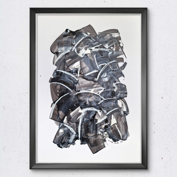 Abstract art piece with black and gray brush strokes on a white background