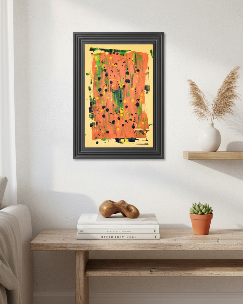 Framed abstract wall art hanging above a light wood console table in a bright, modern room. The artwork features a warm orange and yellow background with green and black paint splatters, enclosed in a dark frame.