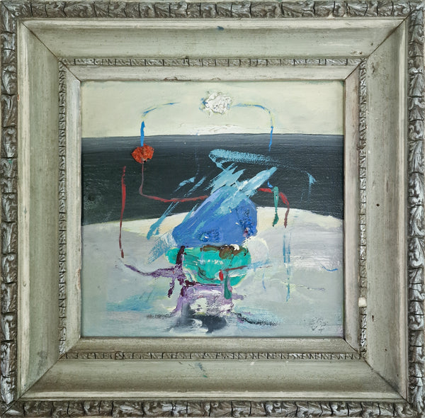 An abstract landscape painting in a distressed, ornate silver-colored frame. The artwork features a central blue and teal abstract form with red and purple accents against a dark gray and off-white background.