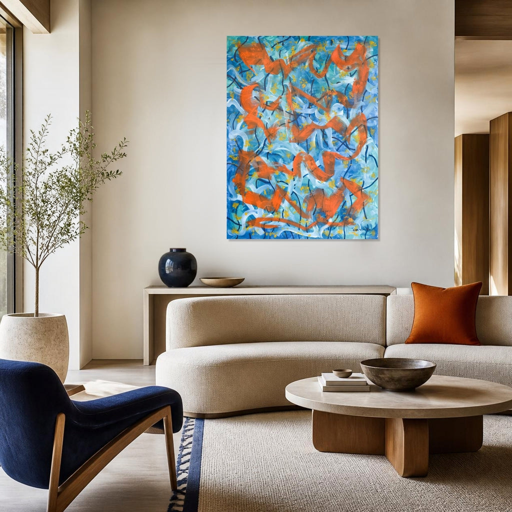 Blue and orange abstract painting in contemporary interior.