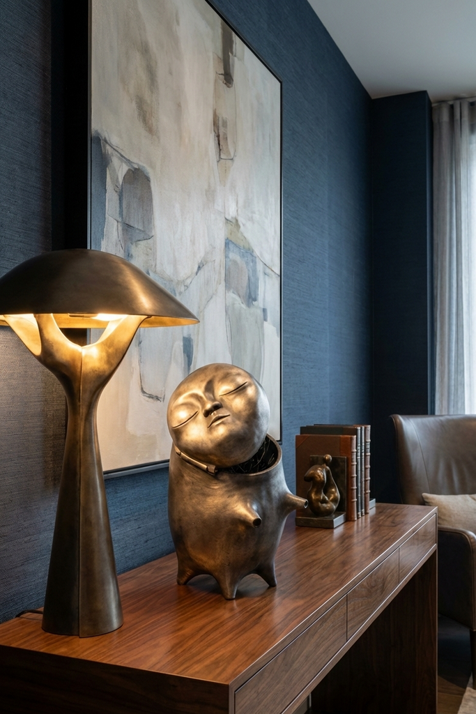 Decorative statue on a wooden table with a lamp and abstract painting in the background.