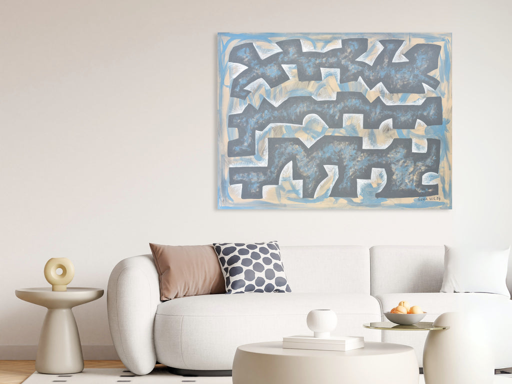 Modern Abstract Artwork with Cascading Patterns
Large contemporary painting showcasing layered geometric forms resembling cascading water, in a palette of gray, blue, white, and beige.