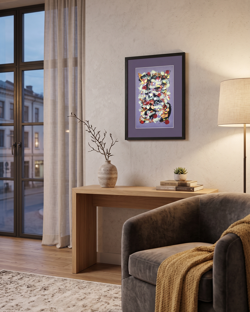 A framed art  on a purple background, displayed on a beige wall in a modern living room setting with a wooden console table, gray armchair, and floor lamp.
