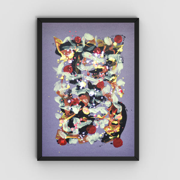 A framed abstract art featuring a colorful collage of red, white, black, and gold elements on a lavender-purple background, housed in a simple black frame and displayed against a light gray wall.