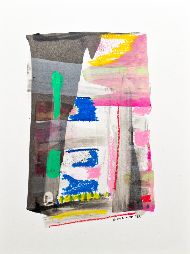 An abstract crayon and ink painting on white paper, featuring layered blocks of gray, pink, blue, green, yellow, and black with expressive brushstrokes.