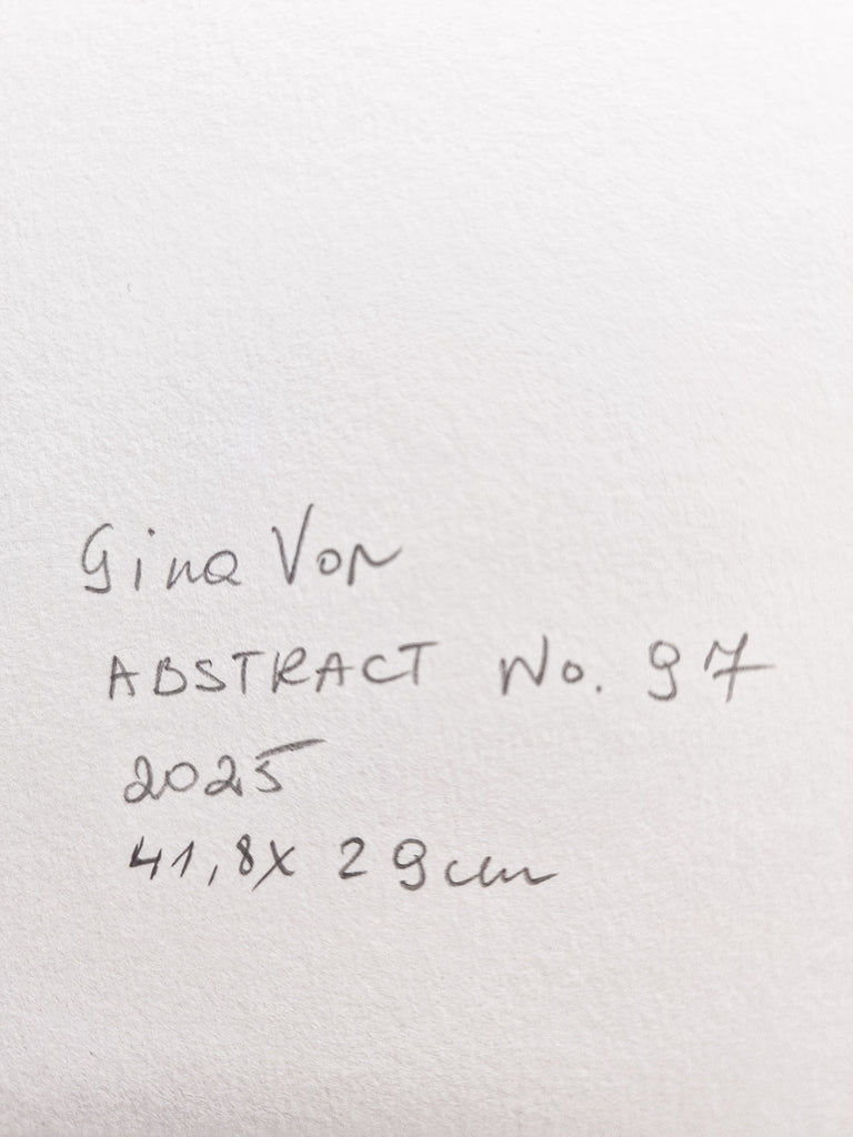 A close-up of a white textured paper surface with handwritten black text reading 'Gina Von', 'ABSTRACT No. 97', '2025', and '41,8 x 29cm'.
