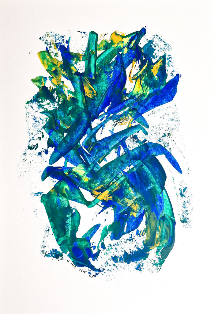 Abstract art featuring expressive, layered brushstrokes and splatters in vibrant blue, teal, and yellow on a clean white background.