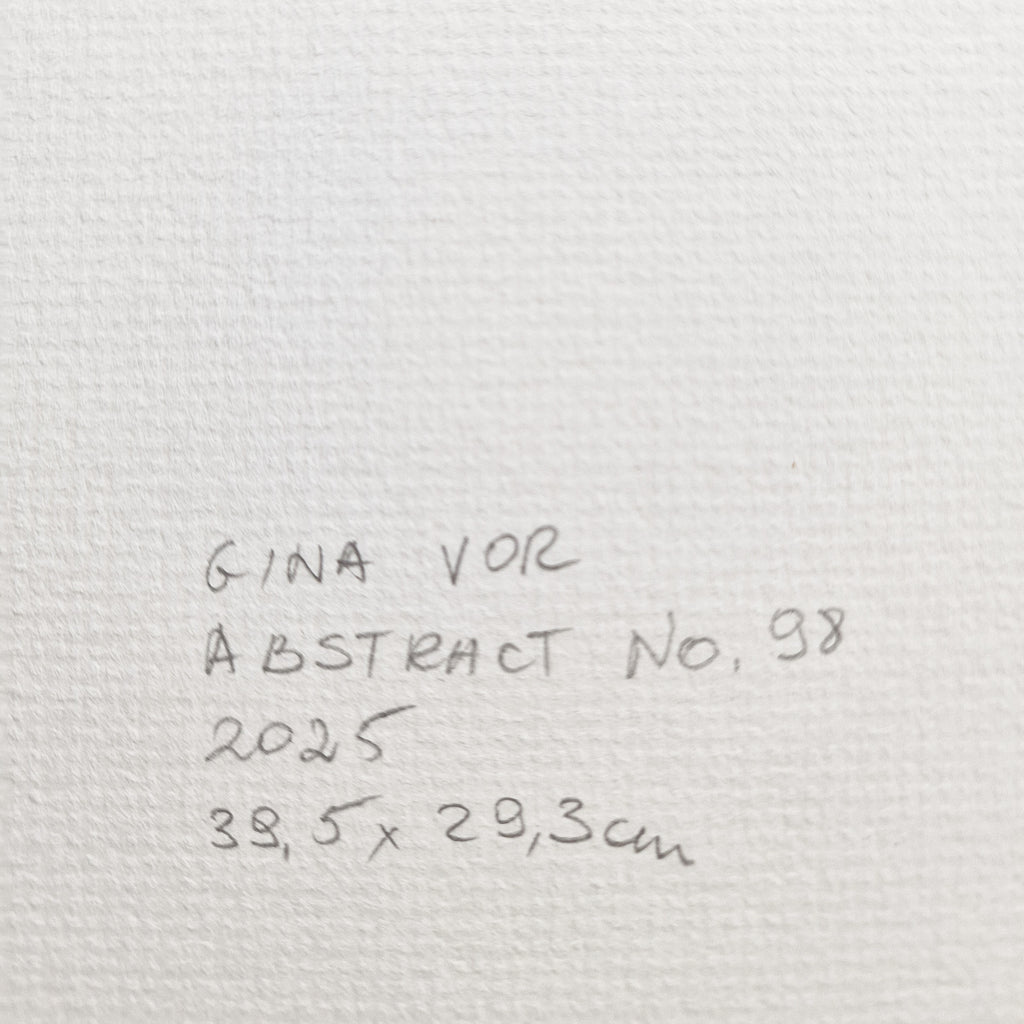 Close-up of a white textured paper surface with handwritten black text reading 'GINA VOR', 'ABSTRACT No. 98', '2025', and '39,5 x 29,3cm'.