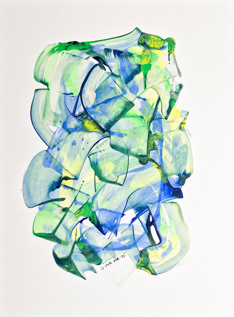 An abstract painting featuring layered translucent shapes in shades of blue, green, and yellow on a white background, with a small artist signature near the bottom center.