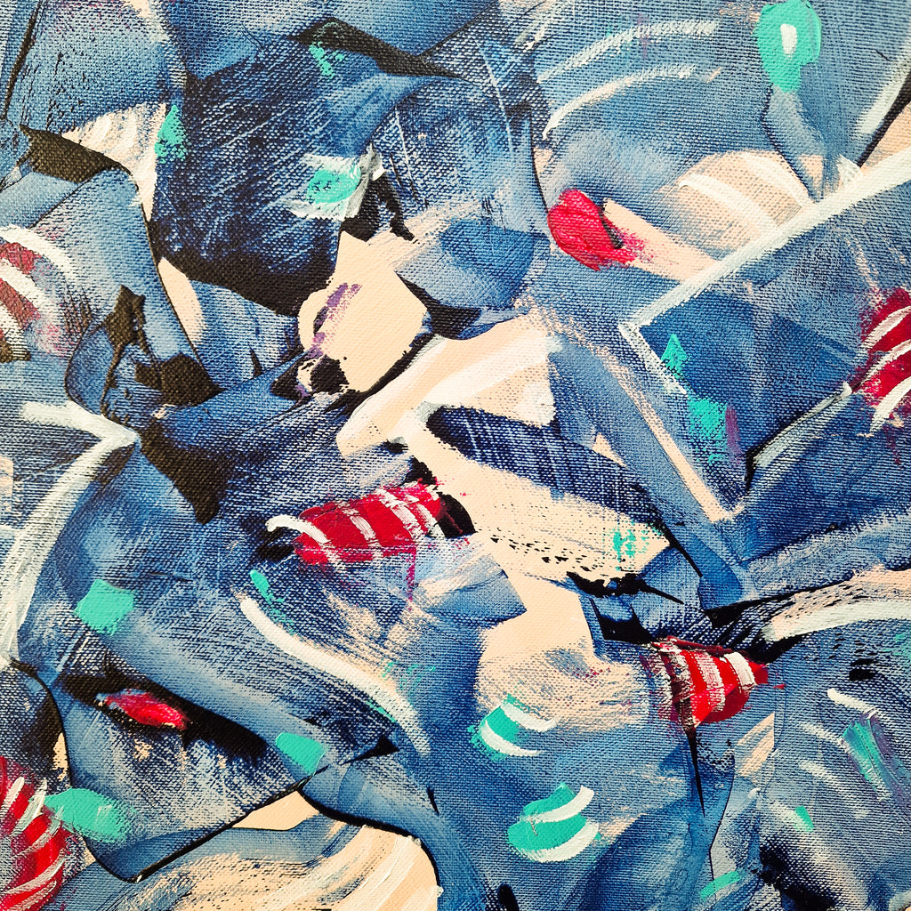 Abstract art with blue, red, and green colors on a textured surface