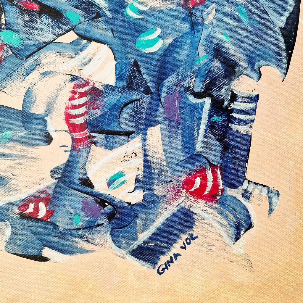 Abstract painting of blue shoes with red socks on a beige background