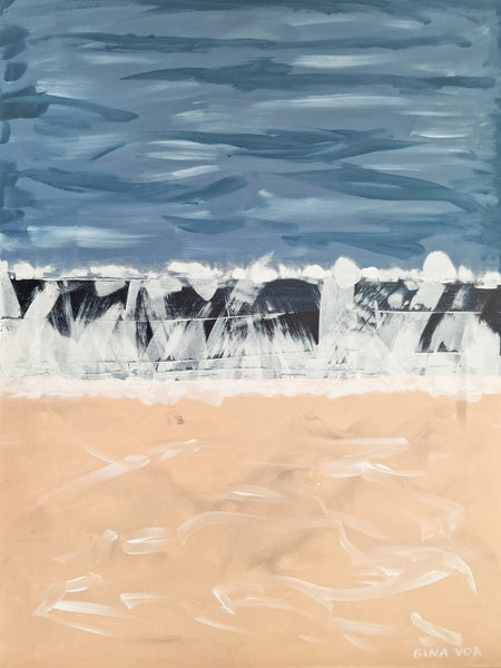 Artistic depiction of a beach scene with blue sky, white waves, and sandy shore.
