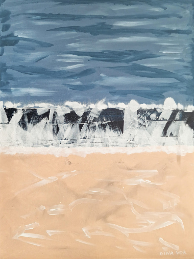 Artistic depiction of a beach scene with blue sky, white waves, and sandy shore.