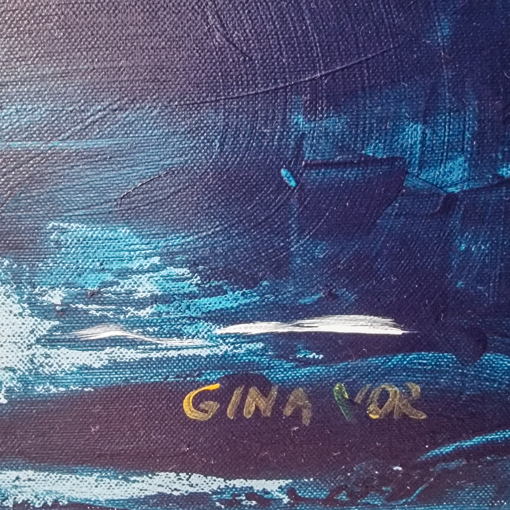 Artistic depiction of a whale in water with 'Gina VOR' signature