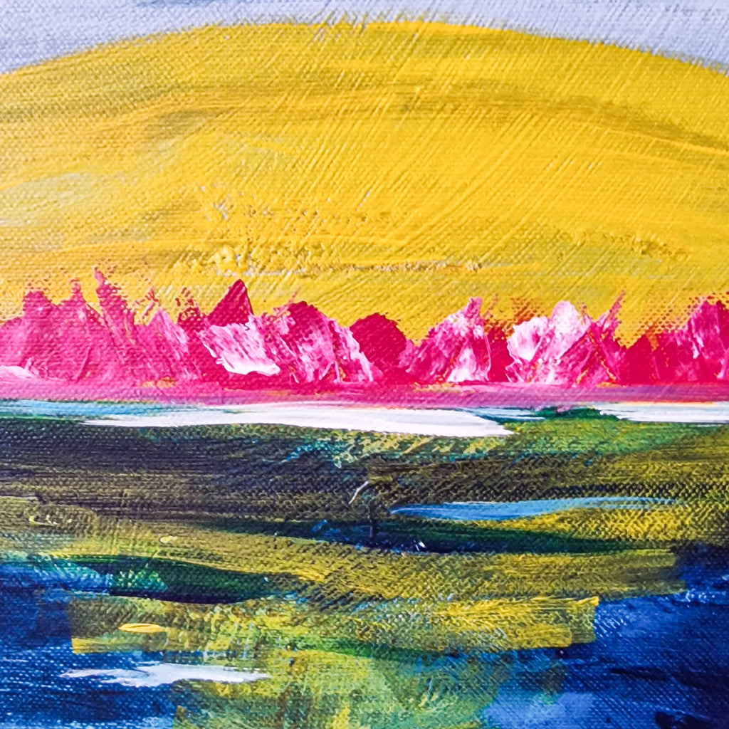 Abstract painting with yellow, pink, blue, and green colors