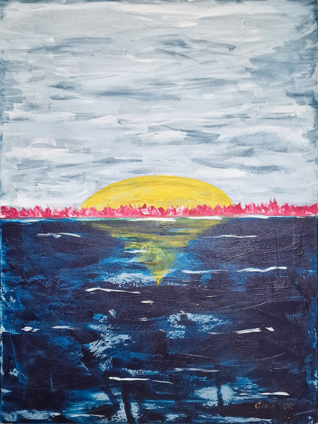 Abstract painting depicting sea, ocean and the sunset, blue, navy and white