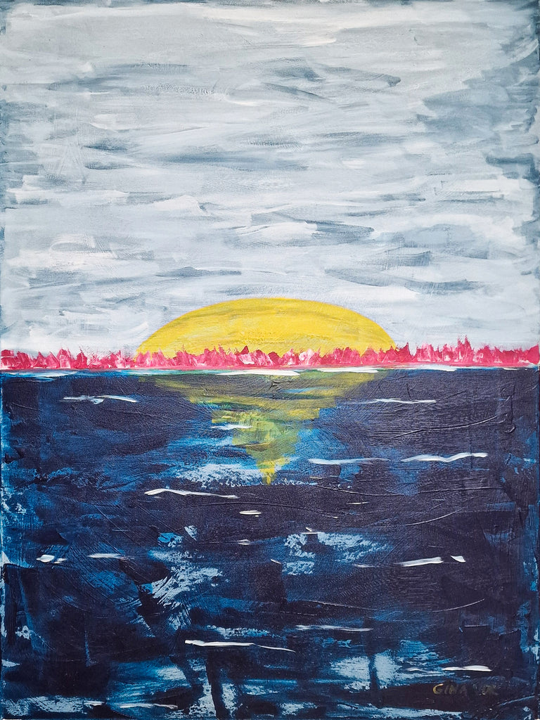 Abstract painting depicting sea, ocean and the sunset, blue, navy and white