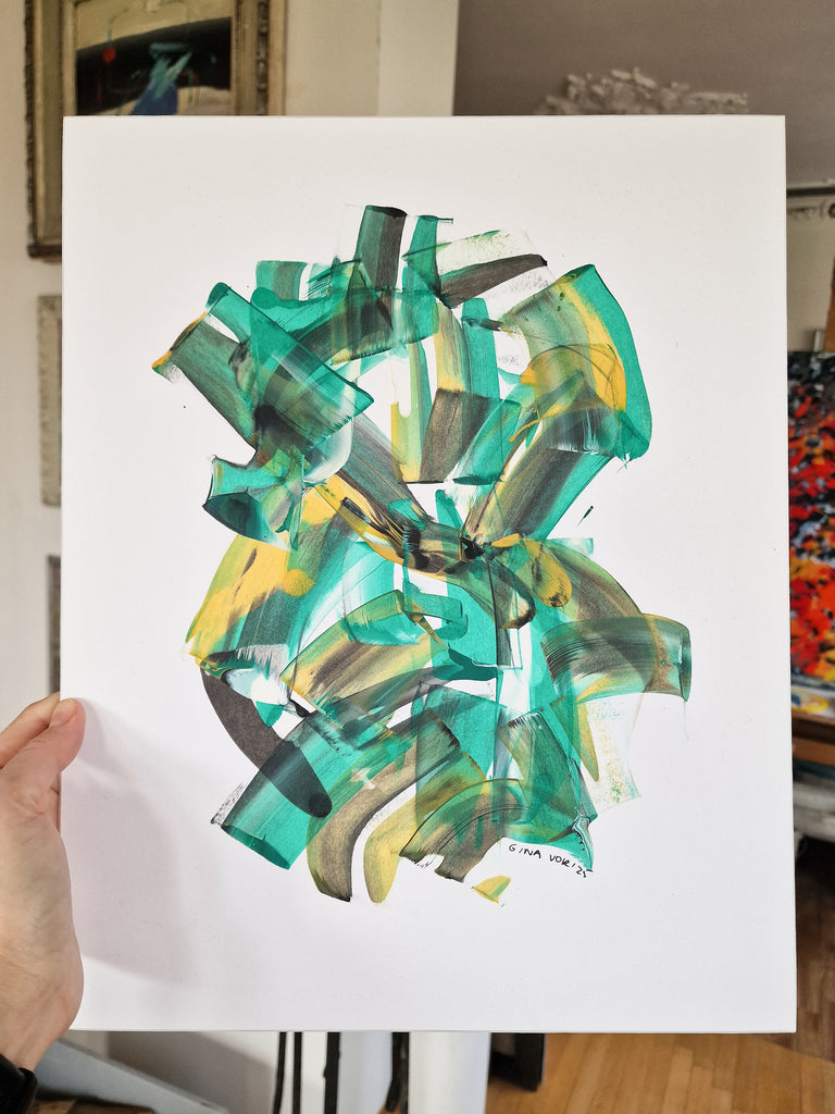 Abstract art print with green and yellow abstract design on a white background