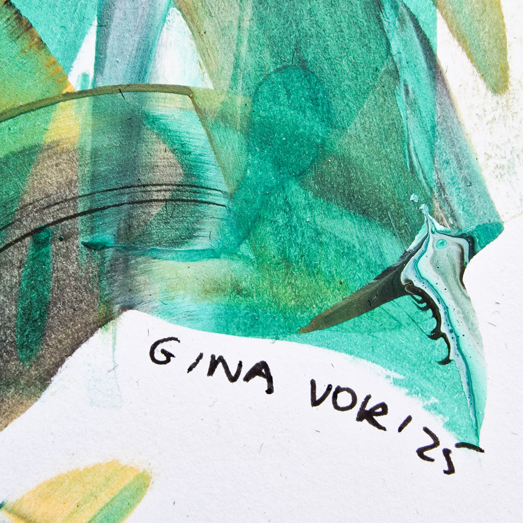 Abstract art with green and yellow colors on a white background, featuring the name 'Gina Vor'.