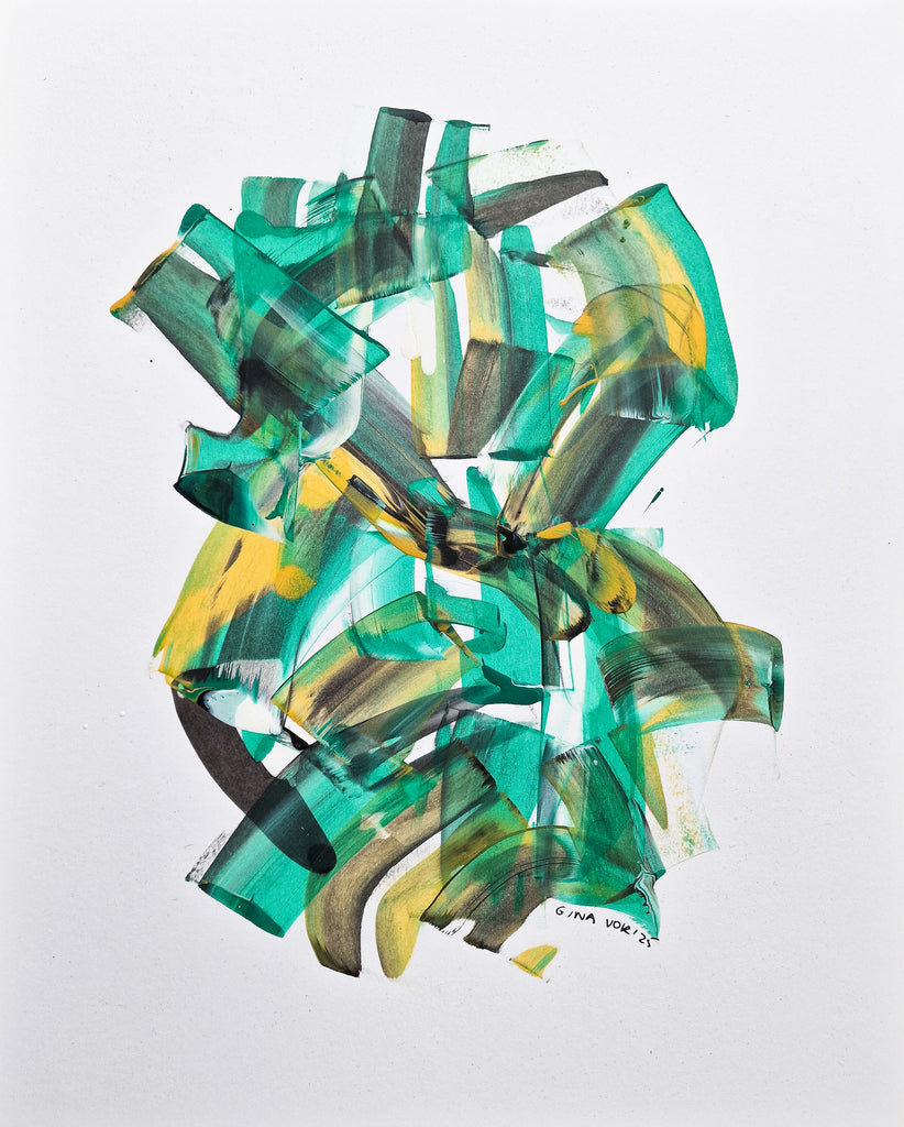 Abstract art piece with green, yellow, and black ribbons on a white background