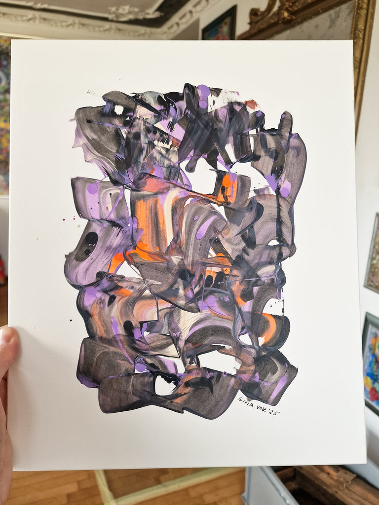 Abstract art piece with purple and orange colors on a white background