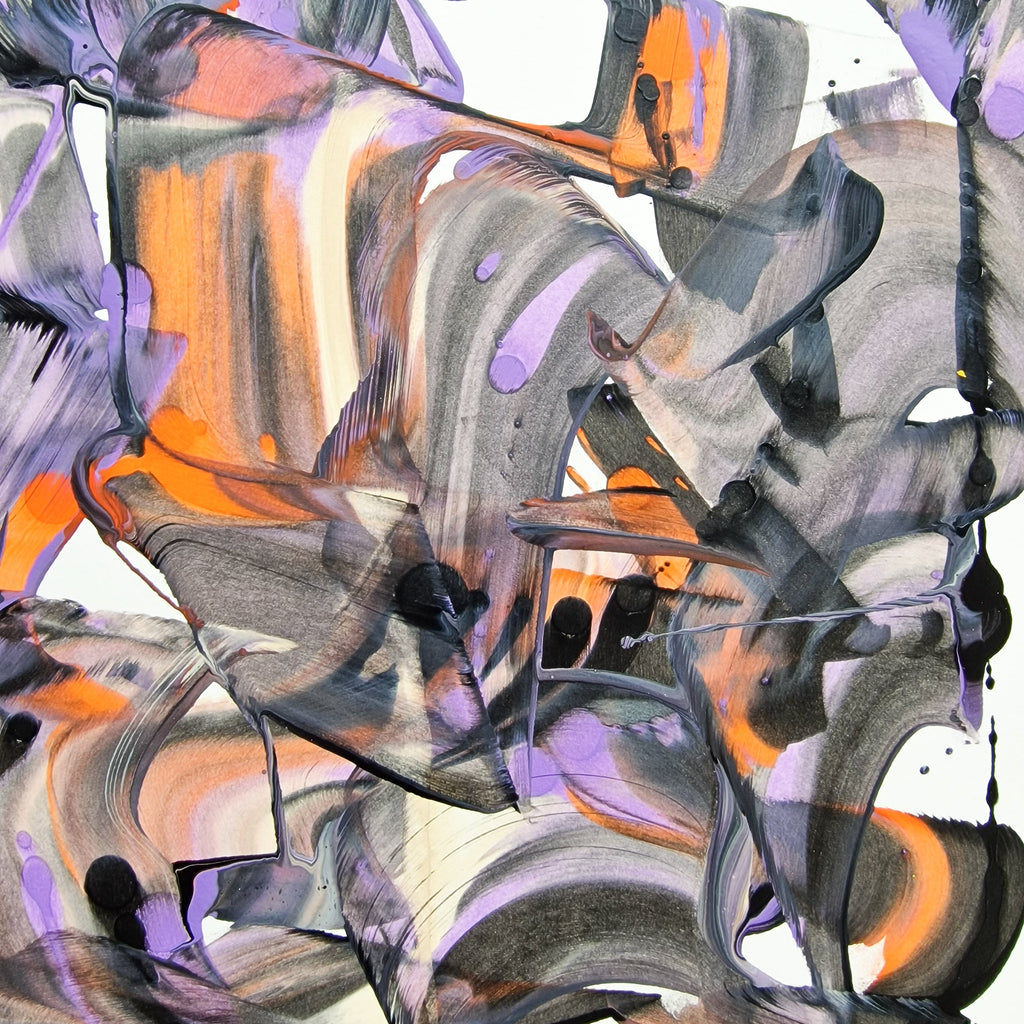 Abstract art with swirling patterns in black, orange, and purple on a white background