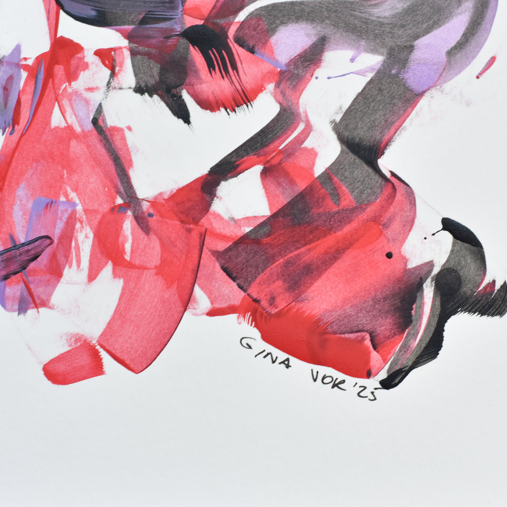 Abstract art piece with red, black, and purple colors on a white background.