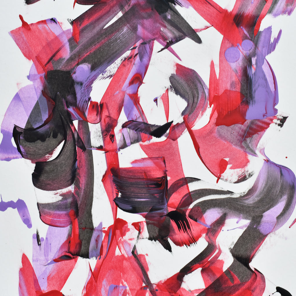 Abstract art with red, purple, and black brush strokes on a white background