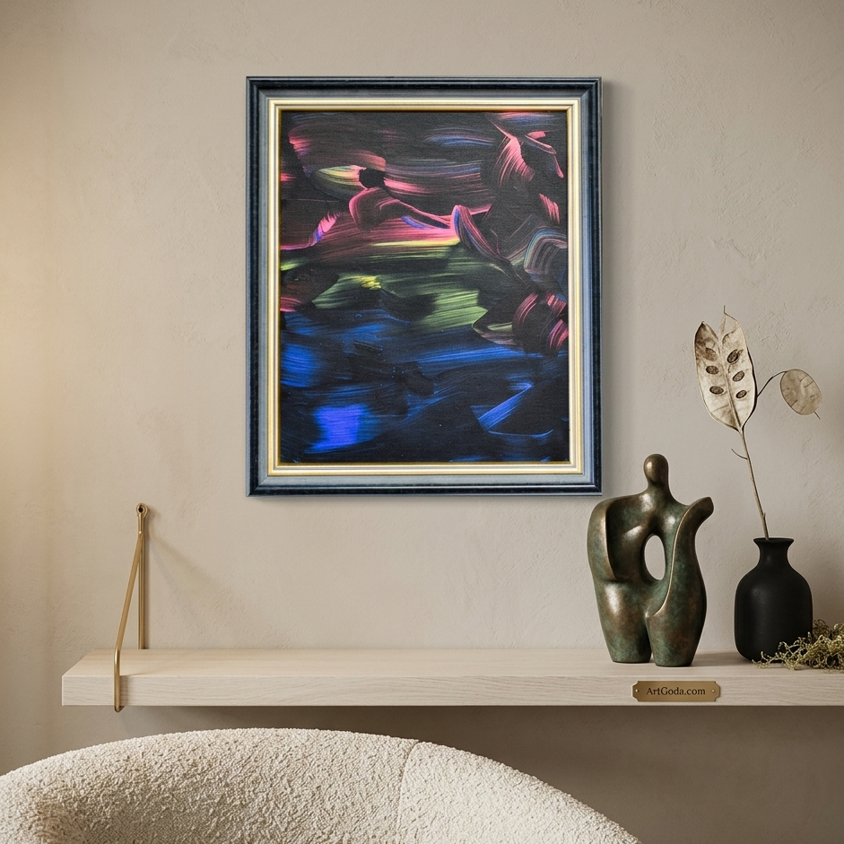 Framed abstract painting on a wall above a shelf with decorative items.