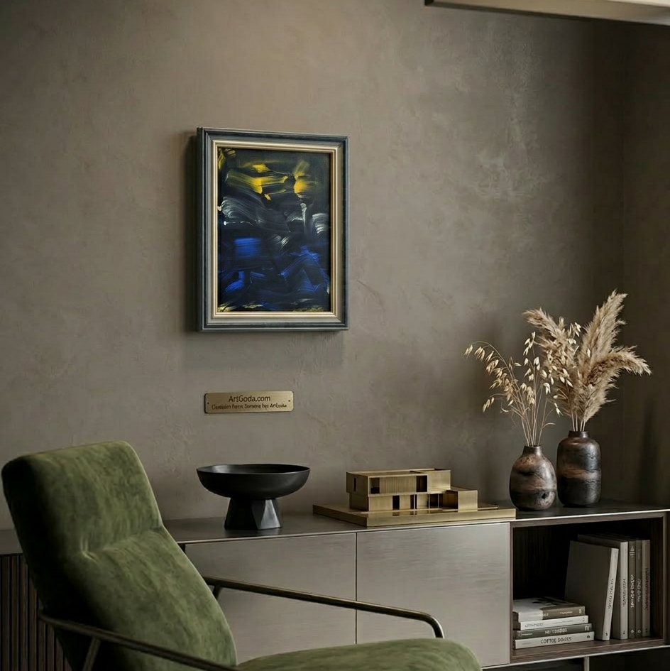 Modern interior with a green armchair, abstract painting, and decorative items on a shelf.
