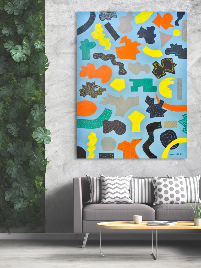 Contemporary abstract painting "Childhood" by Gina Vor, showcasing dynamic organic and angular shapes in bold and muted colors with textured patterns against a serene blue backdrop.