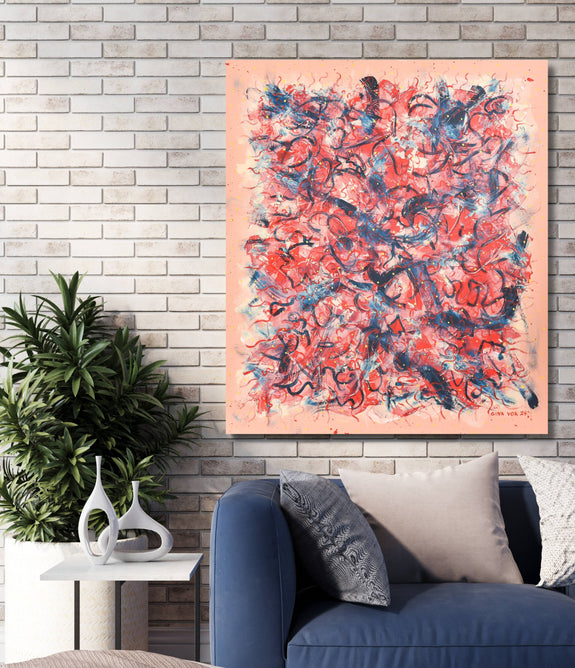 Abstract artwork Passion by Gina Vor, showcasing intense red and deep blue strokes layered on a soft peach background, with splashes of yellow. The painting conveys energetic movement and emotion through its bold colors and dynamic shapes