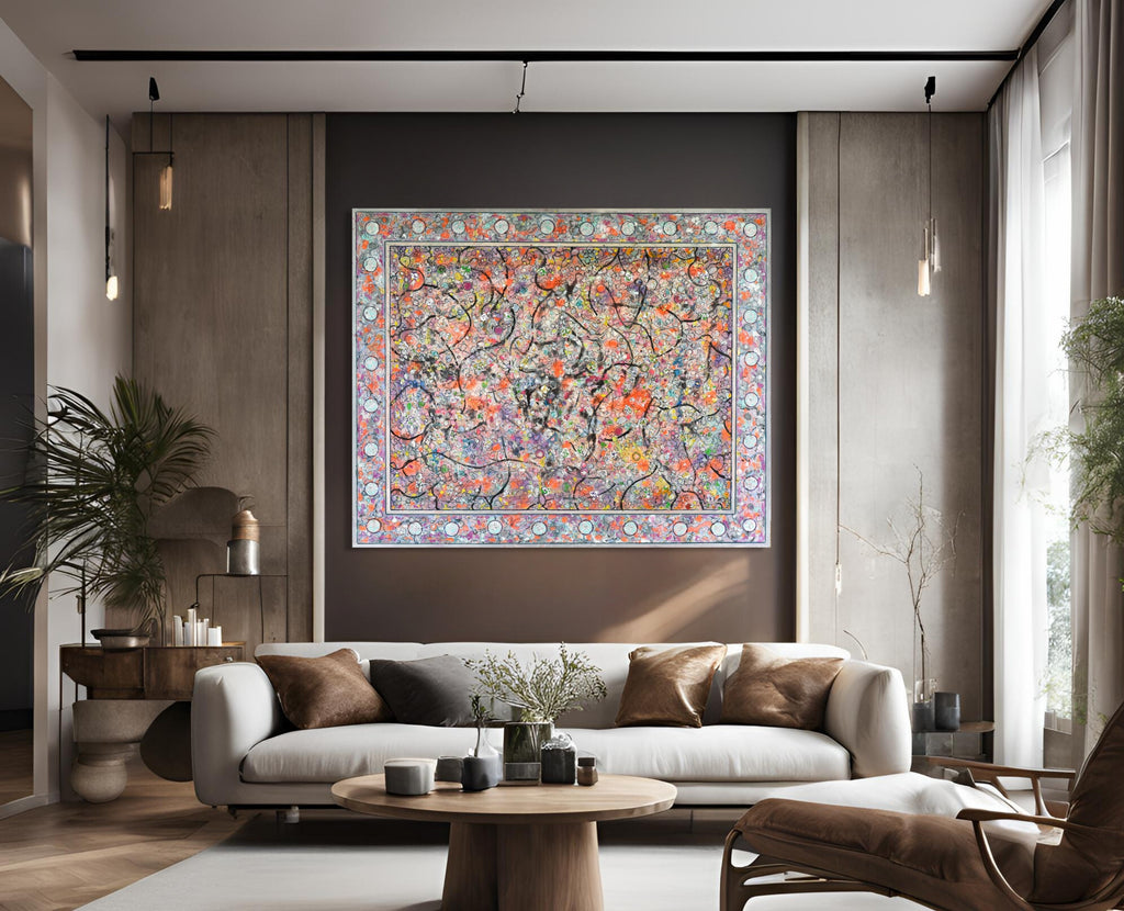 Colorful abstract art with circular patterns and flowing lines: A detailed mixed-media painting showcasing a layered texture of warm tones like orange and pink, contrasted with cooler blues and purples. The composition includes black linear elements and dotted accents, enclosed by a patterned border.