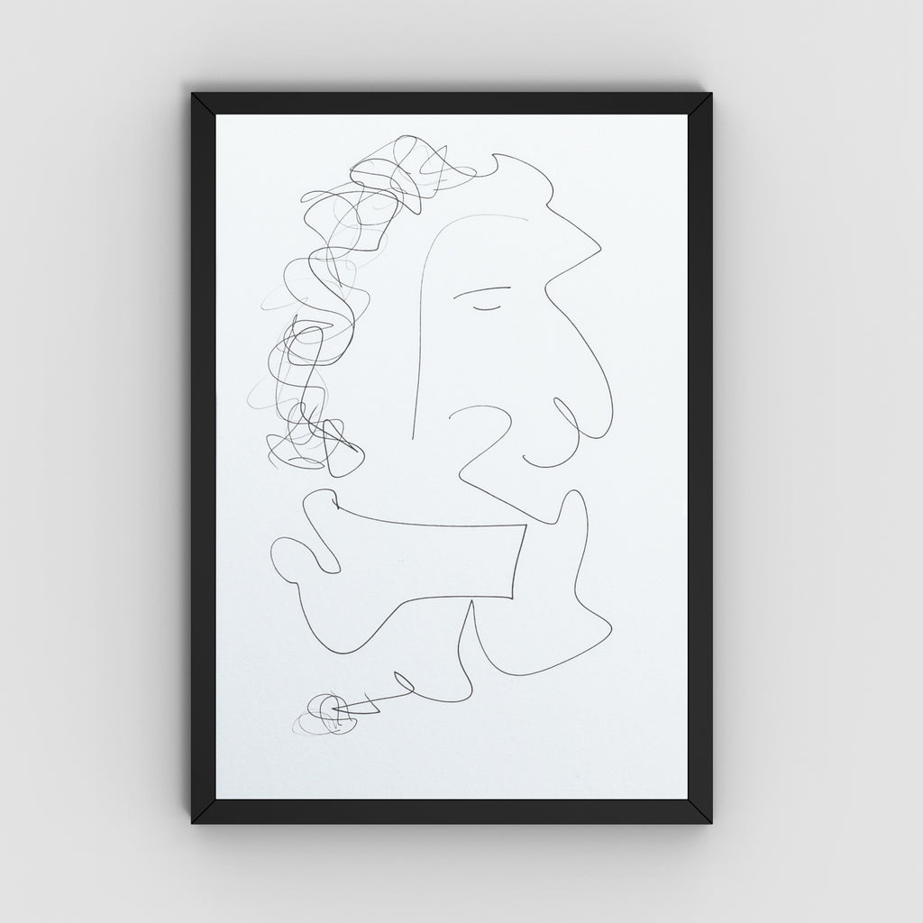A minimalist black and white continuous line art of a face, presented in a slim black frame against a light gray wall.