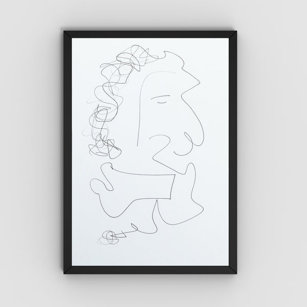 A minimalist black and white continuous line art of a face, presented in a slim black frame against a light gray wall.