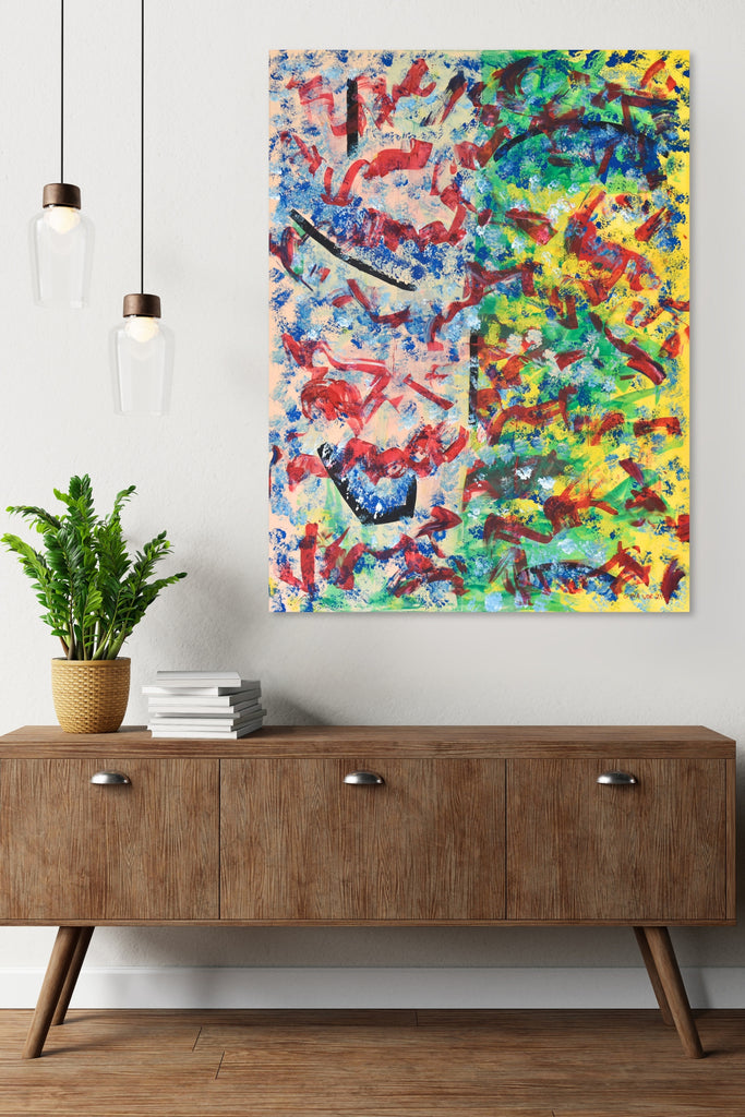 Abstract artwork with vibrant red, green, yellow, and blue brushstrokes, evoking a sense of joy and movement.