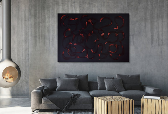 Large contemporary artwork with fluid red strokes over a deep black background, created with acrylics on durable textile by artist Gina Vor.