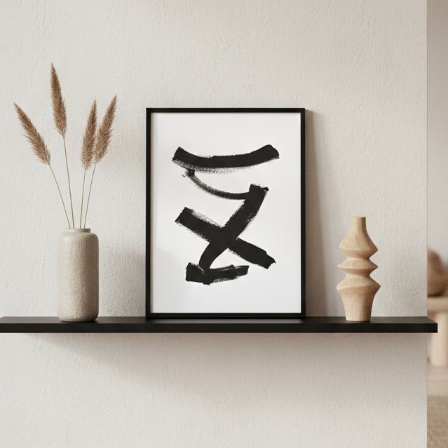 Framed black and white abstract art on a shelf against a plain wall.